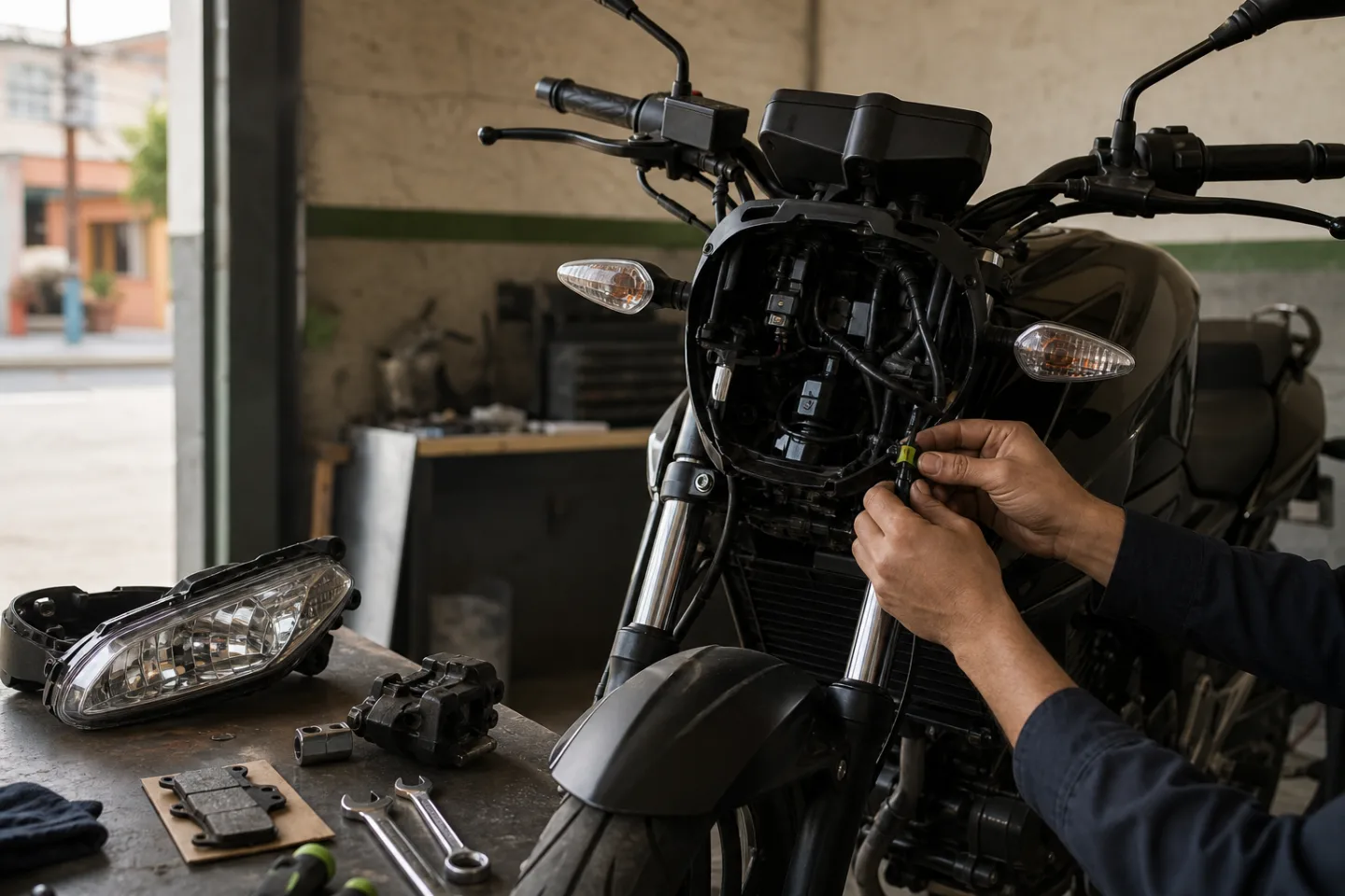 Mecánico revisando el conector del faro de una motocicleta antes de instalar la pieza