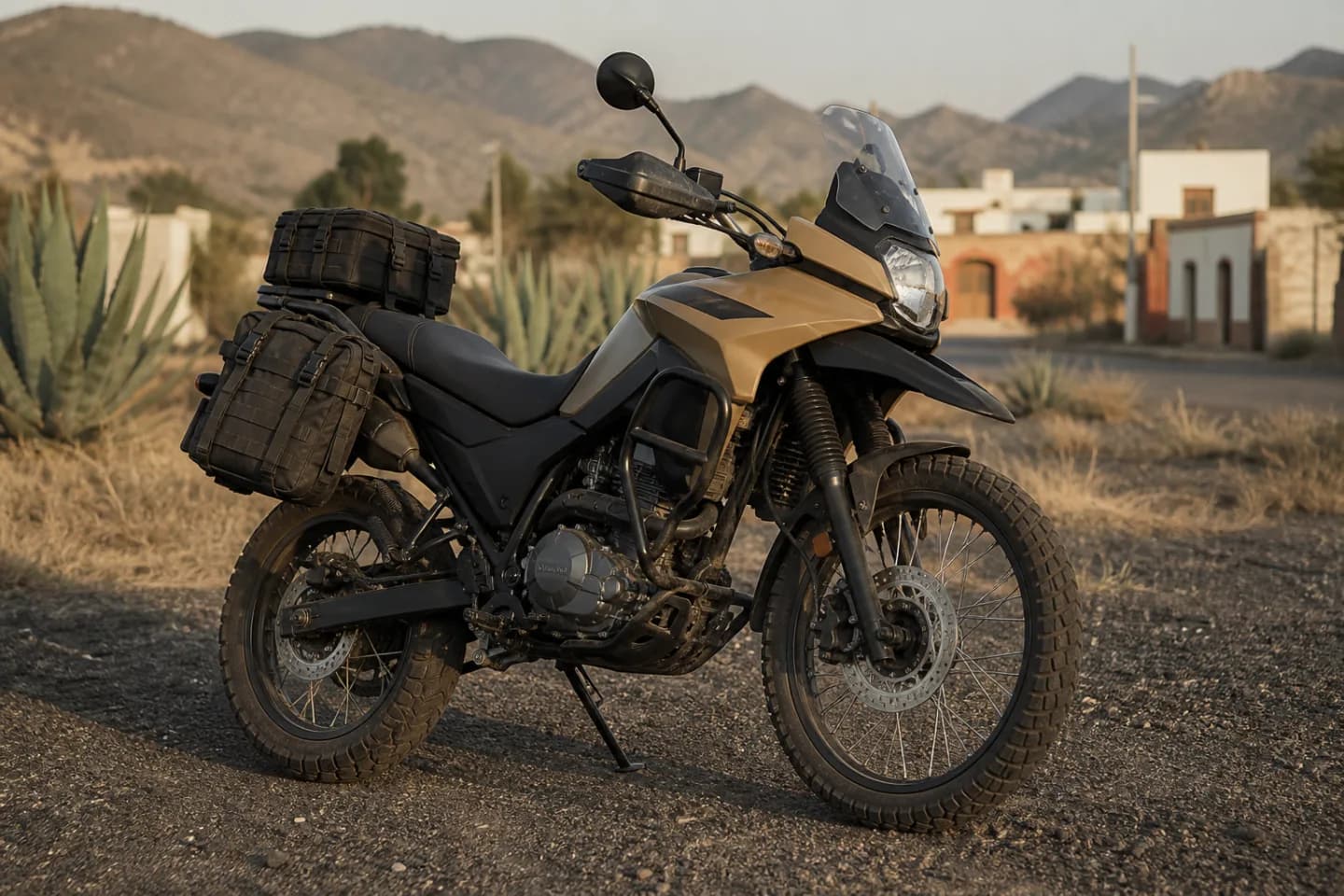 Concepto visual de una motocicleta tipo Italika DM200 preparada para aventura ligera