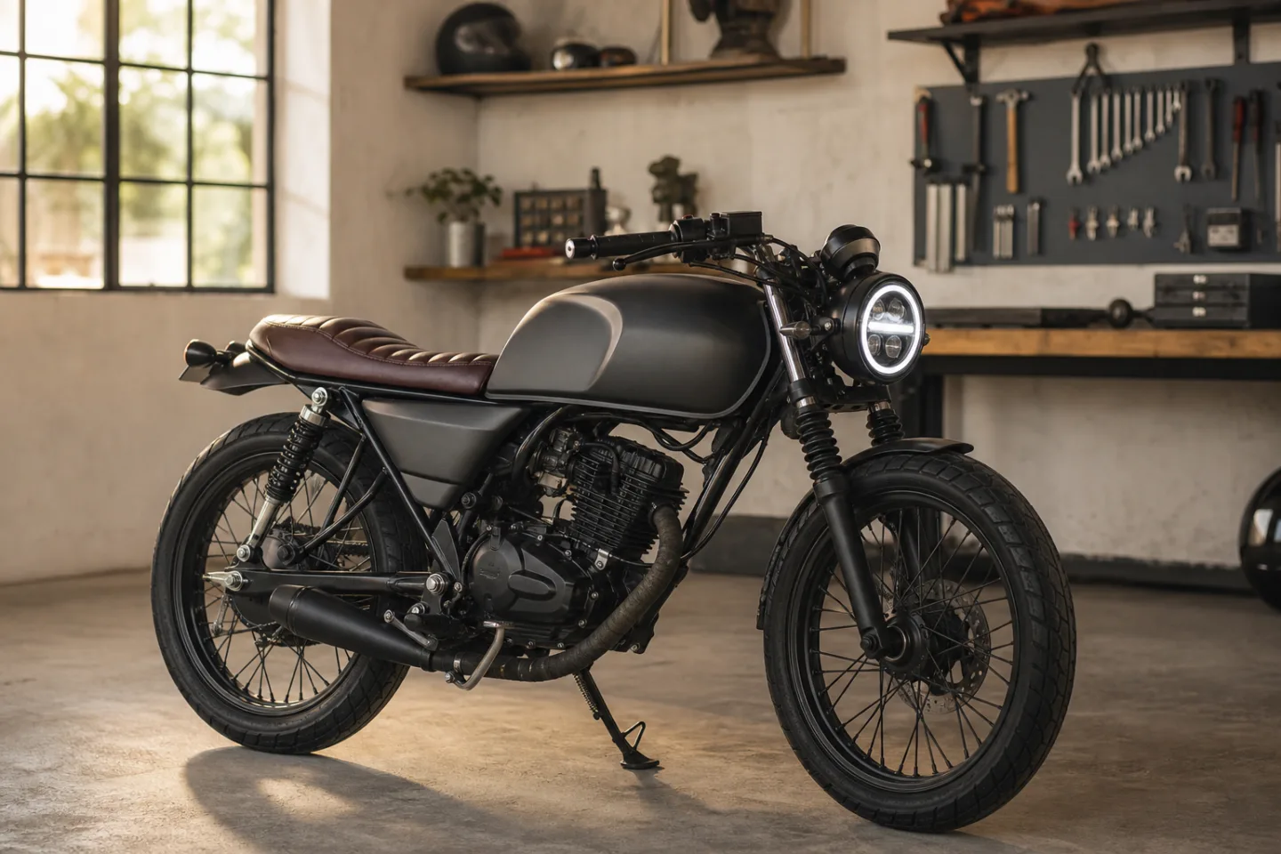 Concepto visual de una motocicleta tipo Italika FT150 modificada con estilo café racer