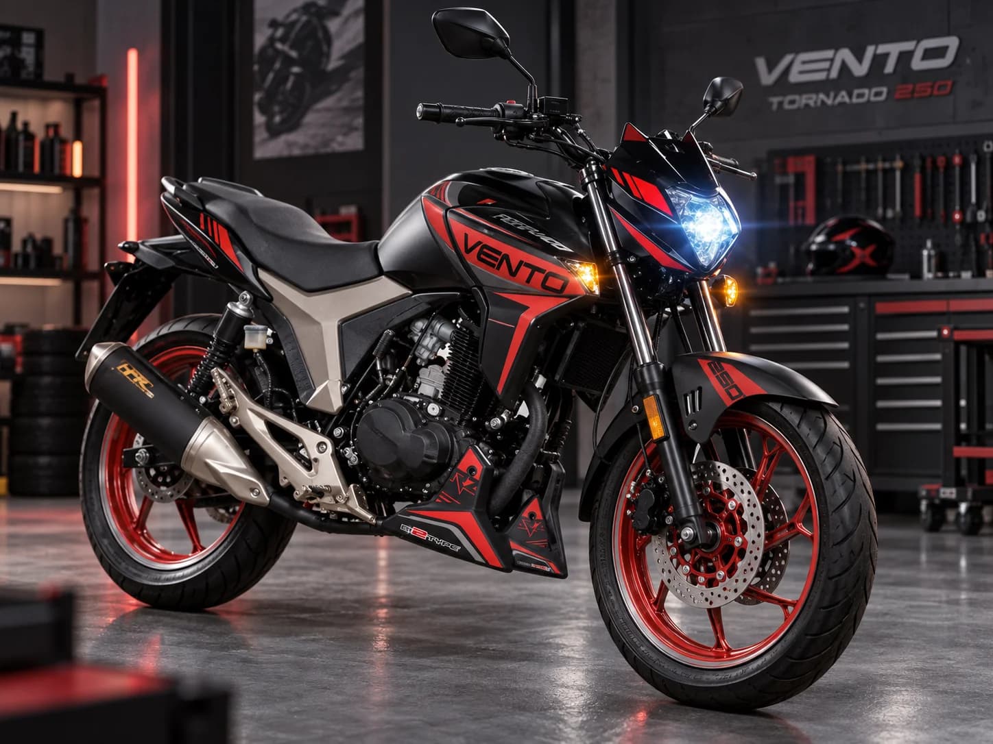Concepto de una Vento Tornado 250 negra y roja en un taller